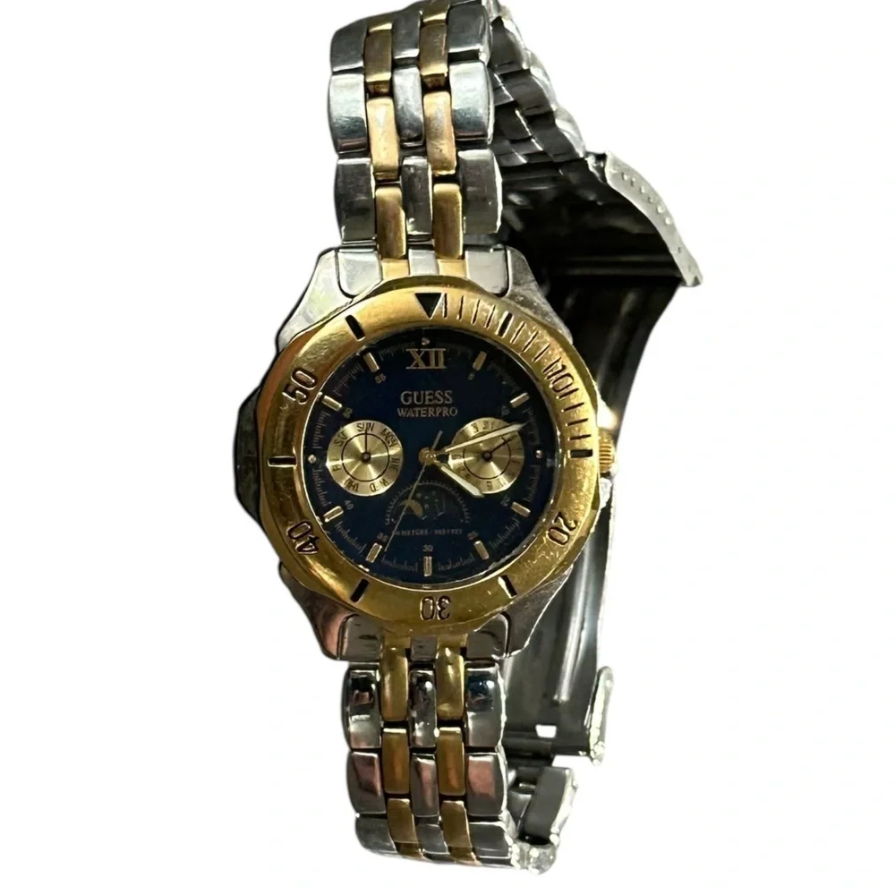 Guess Men’s Waterpro Watch Blue Face Stainless Steel Band Two Tone Vintage